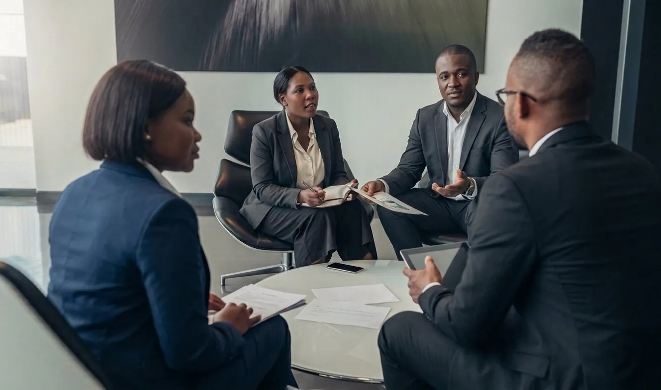 Réunion de travail entre quatre professionnels africains autour d’une table en salle de conseil